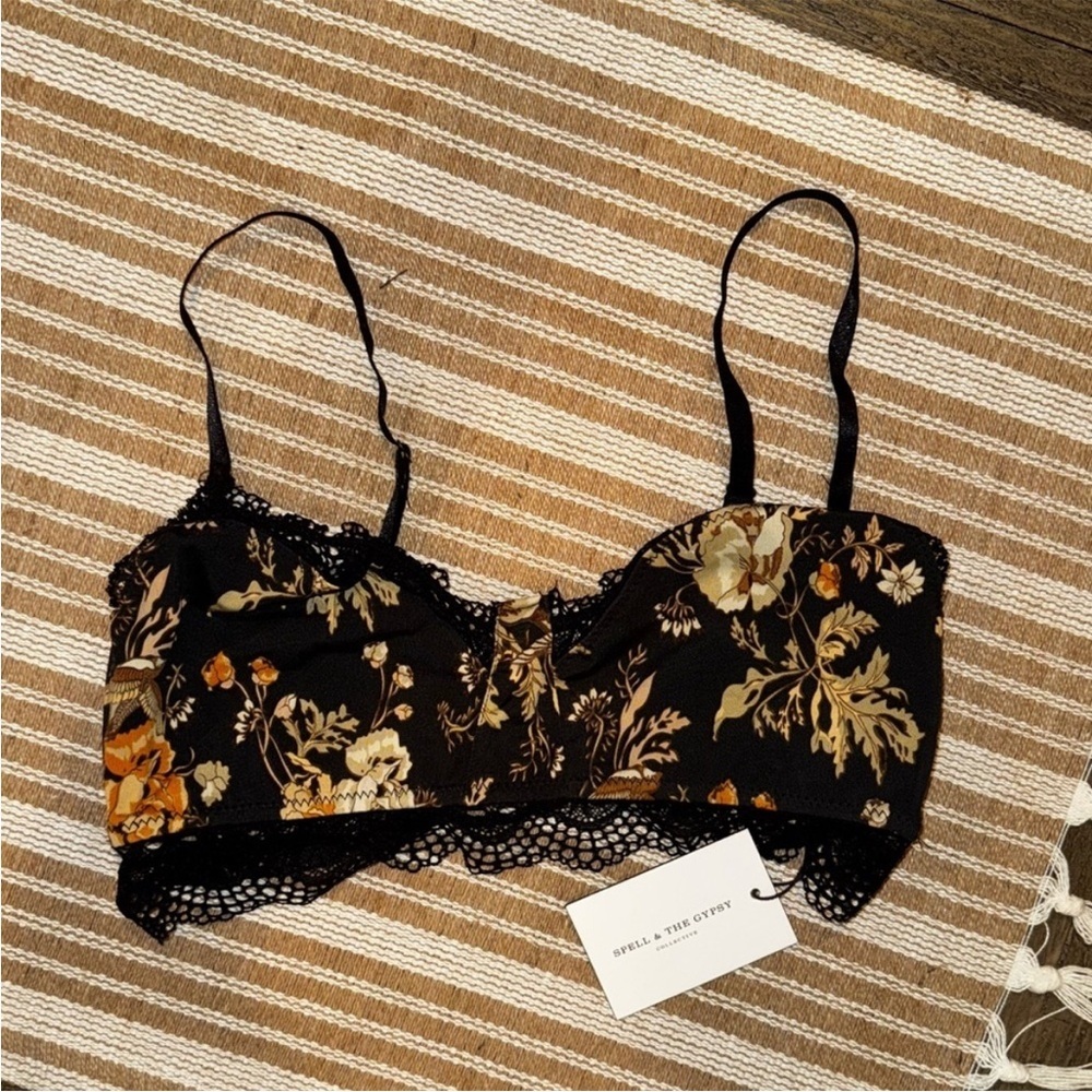 Spell & The Gypsy NEW Rosa Spanish Detail Floral Lace Bralette Black Coal Size L - Picture 2 of 7